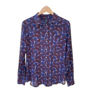 Ann Taylor Navy & Plum Floral Button-Down Sheer Blouse Size Small